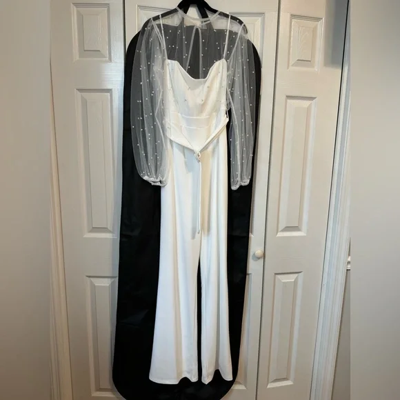 Lulus - Lavish Darling White Mesh Pearl Belted Wide-Leg Jumpsuit - Picture 3 of 5